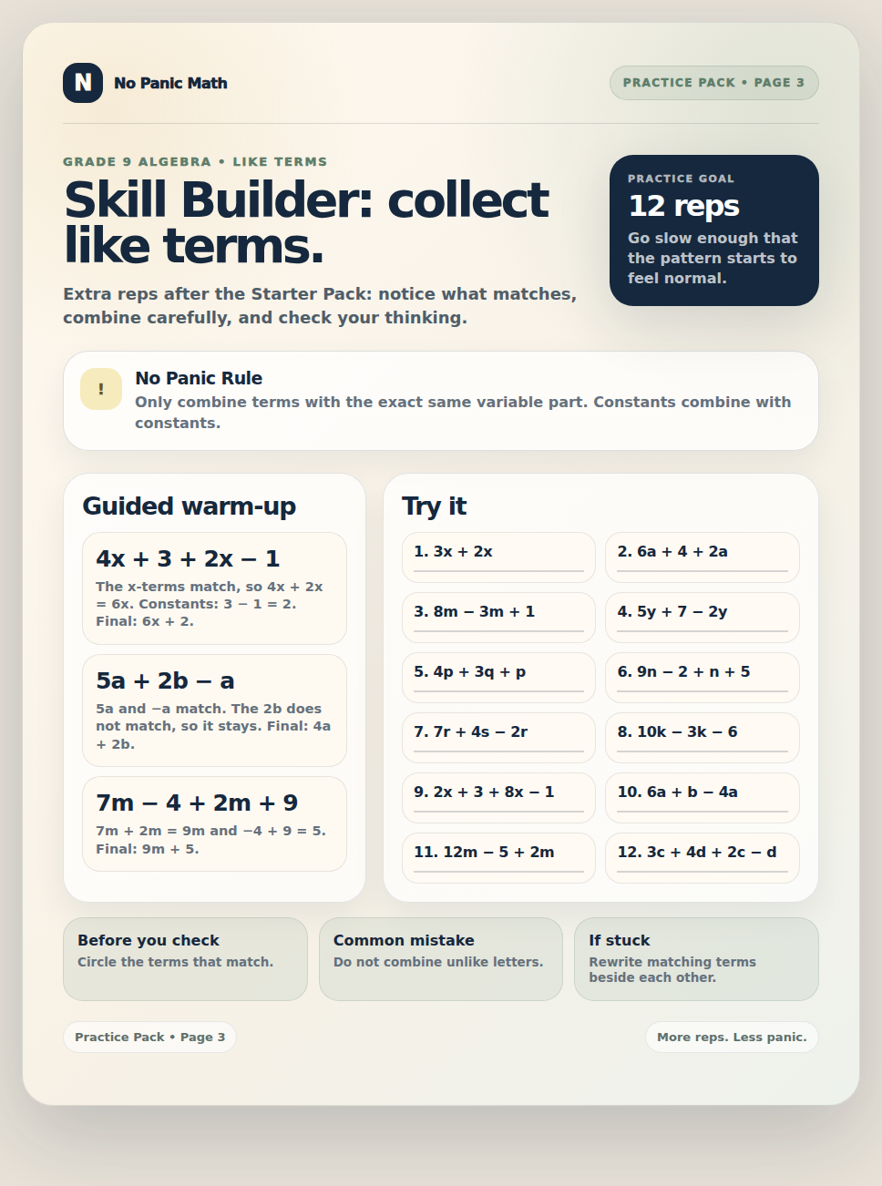 Sample learning page from the Practice Pack
